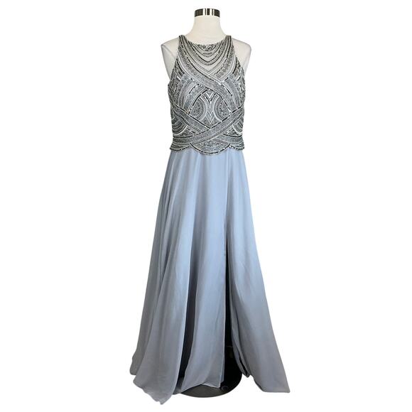 Betsy & Adam Beaded Chiffon Evening Gown Gray Size 8 Cut Out Thigh Slit Formal - Picture 1 of 13